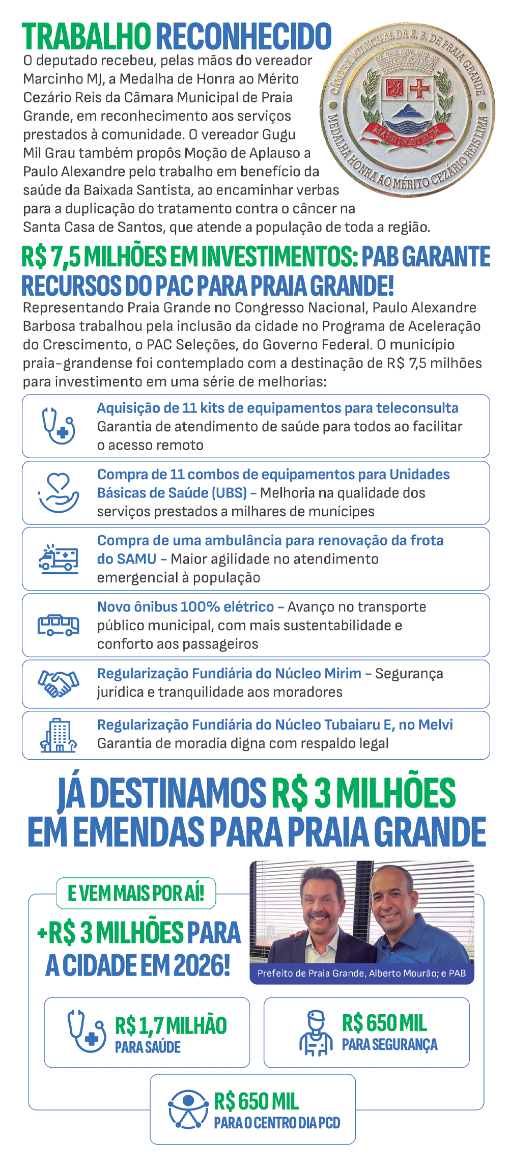 O que o deputado fez por Praia Grande?